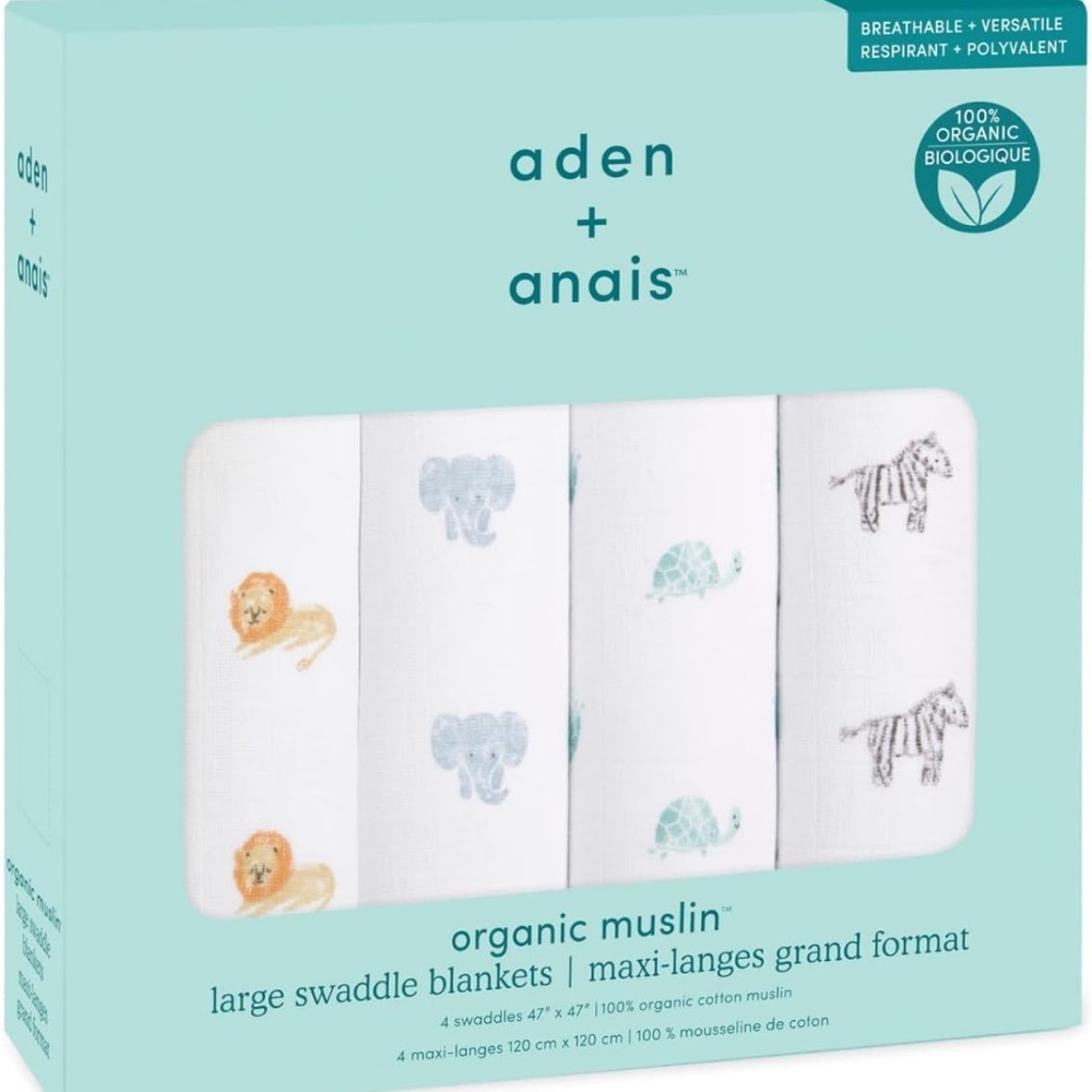 aden + anais 4 pack Organic Muslin Swaddle Blankets - Safari Animals new in box